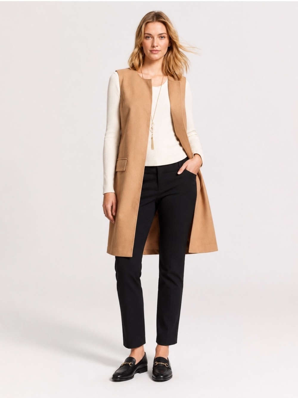 Beige sleeveless vest coat top long tan open front